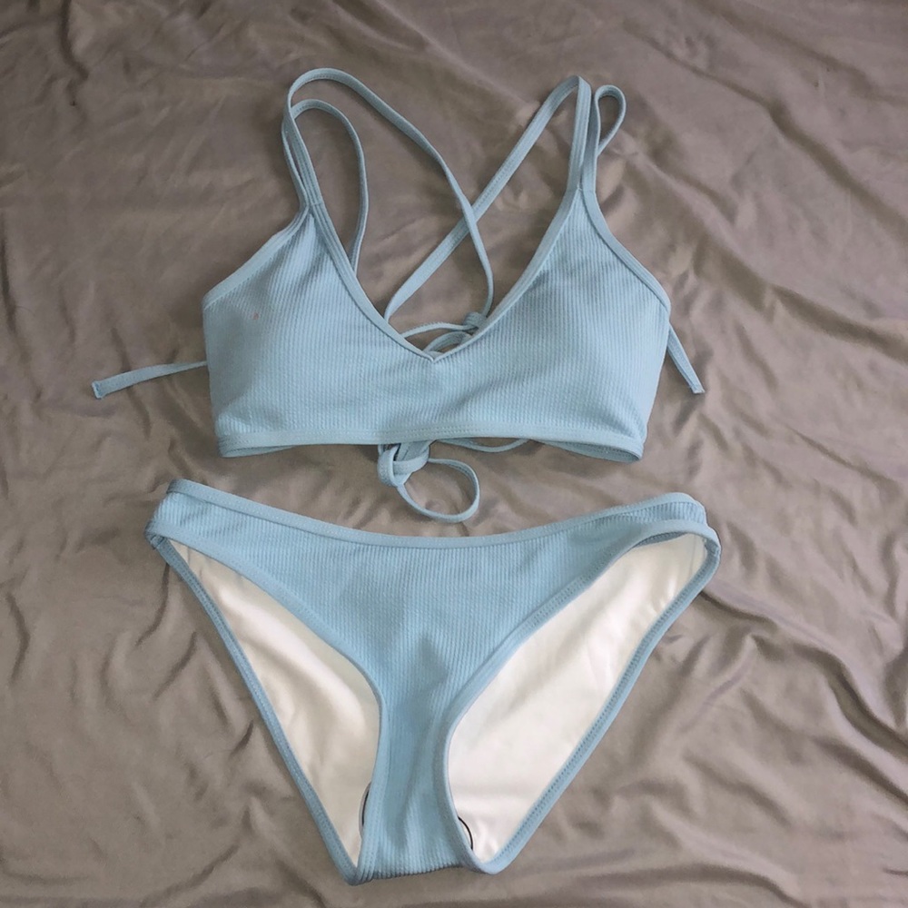 Romwe lace up blue bikini set